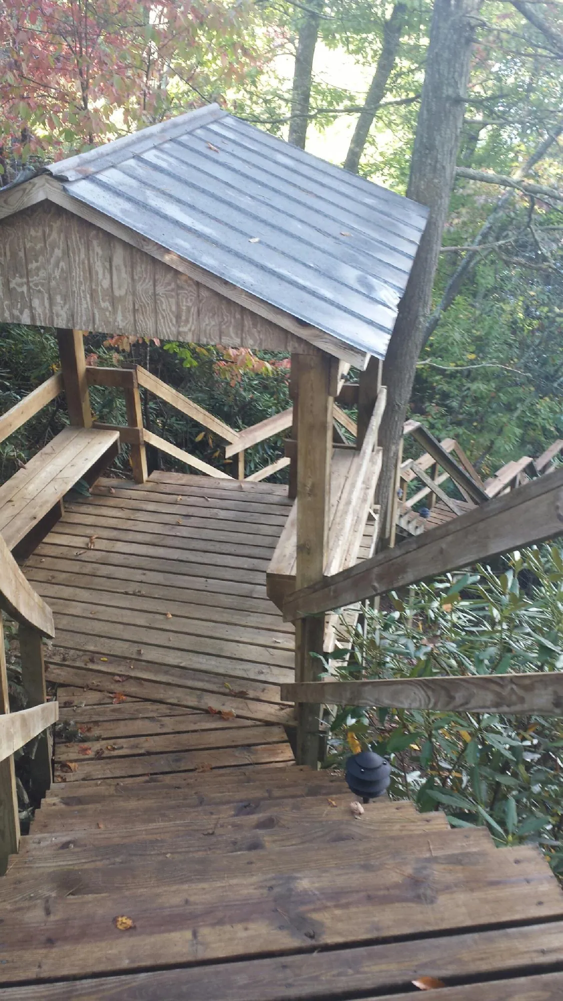 Metal roofed shelter over wooden steps on a wooded walkway — Skylight Repair & Installation work by our crew in Balsam
